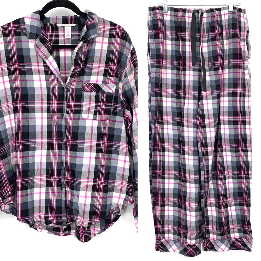 Victoria's Secret Flannel Long Pajama Set Womens Large Multicolor Tartan Plaid